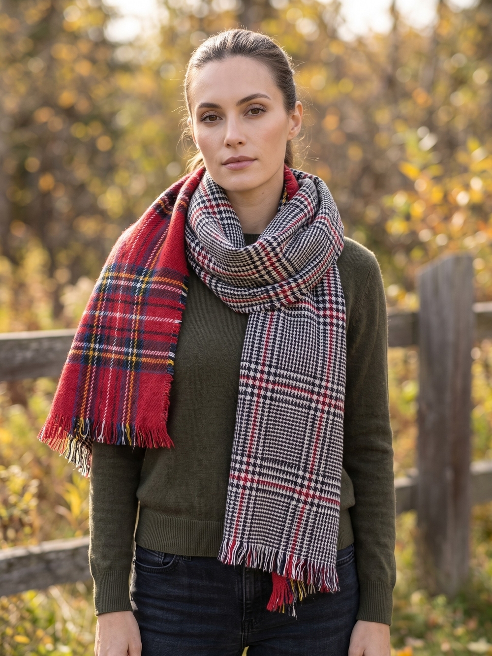 Steve Madden Reversible Plaid Houndstooth Blanket Scarf Dark Academia Wrap Shawl
